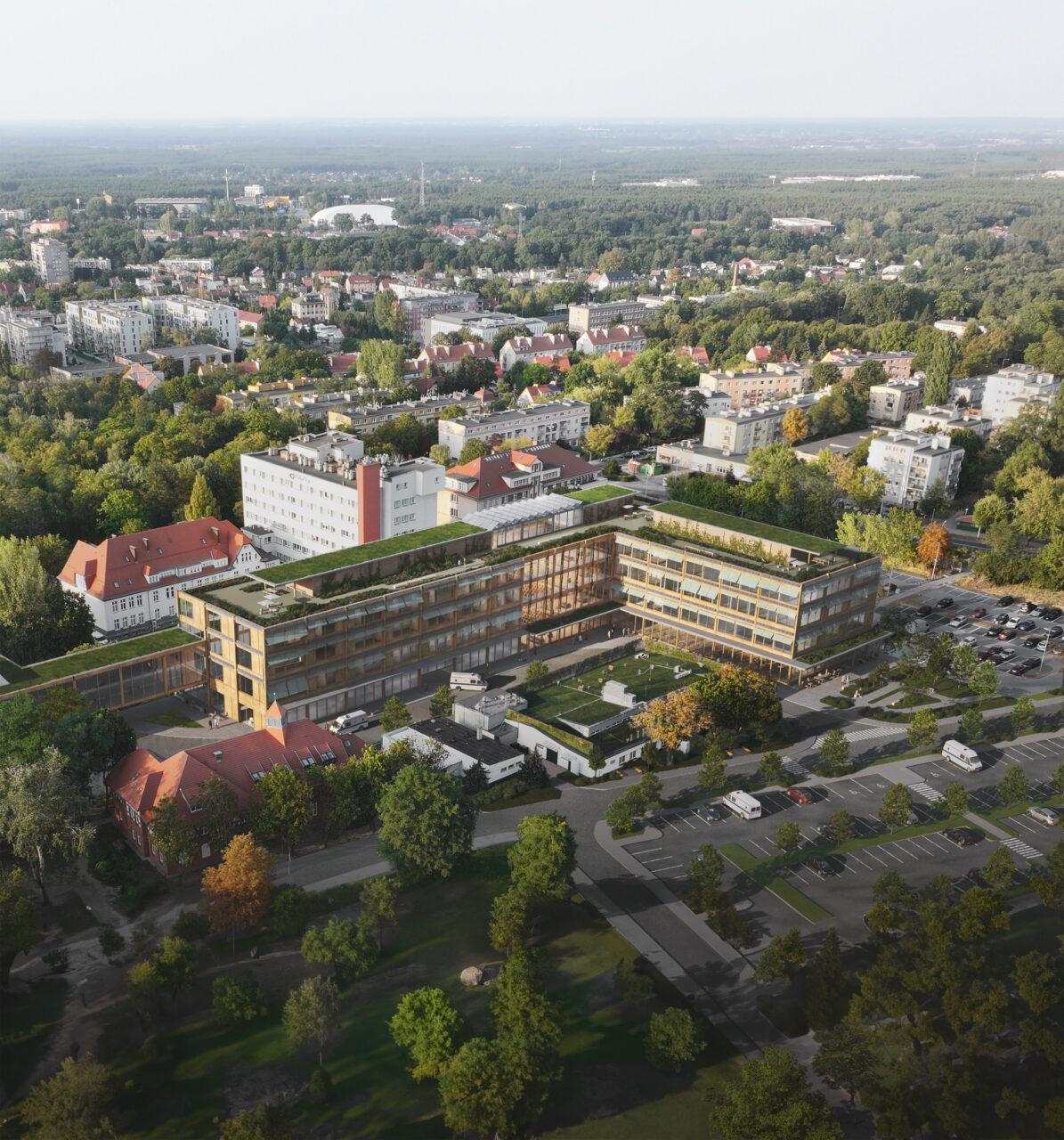 aerial photo of a medical centre in the city context